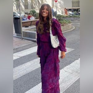 New Zara Wrinkled Jacquard Purple Maroon Maxi Dress Small 4886/475